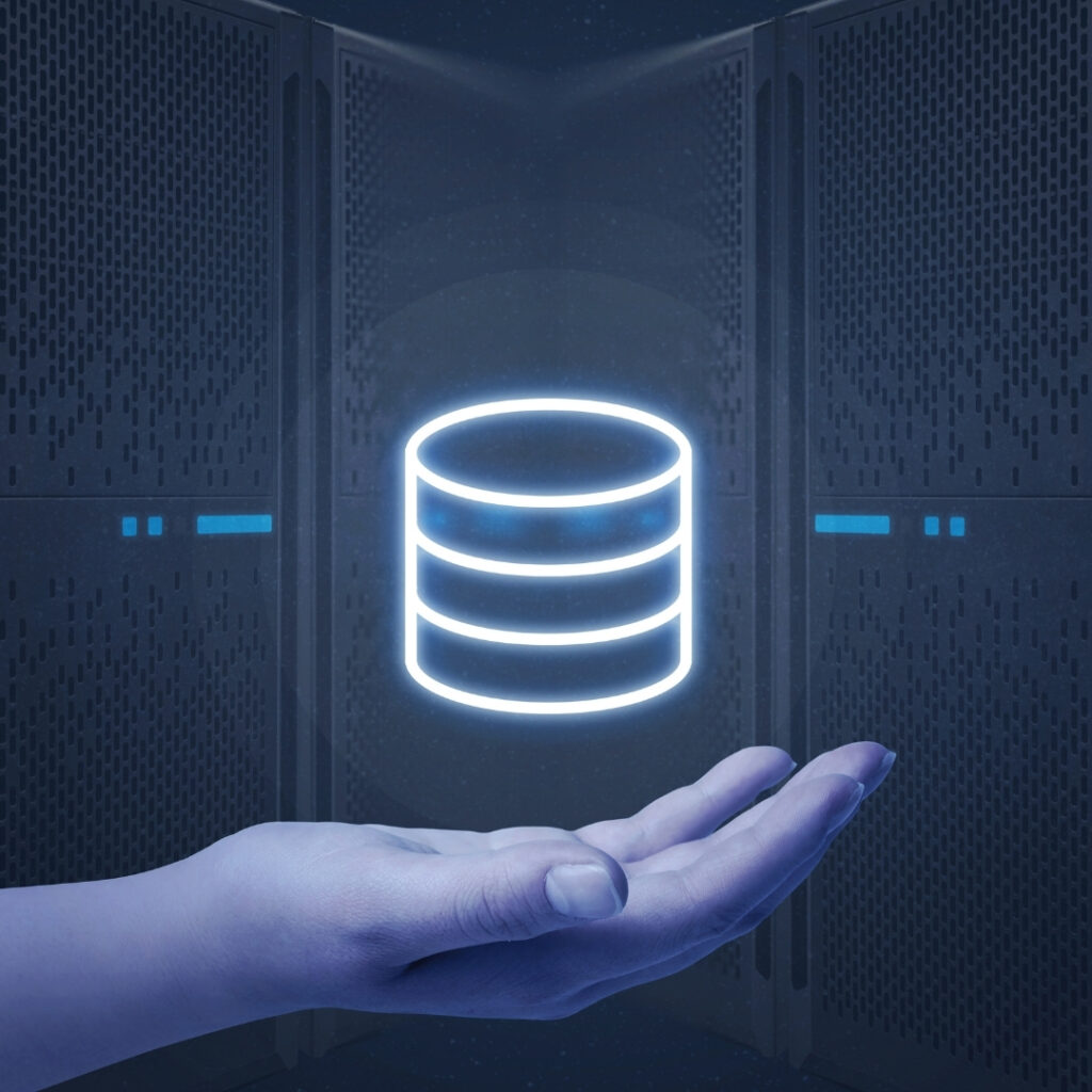 Data symbol with hand holding it with NAS storage solution in background
